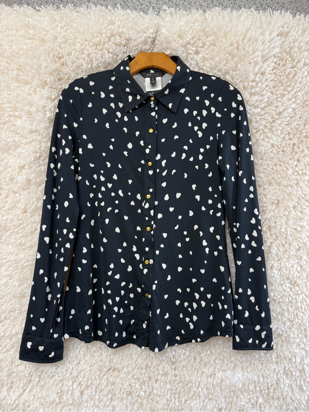 BCBGMaxAzria Black Button-Up Blouse with White Spot Print